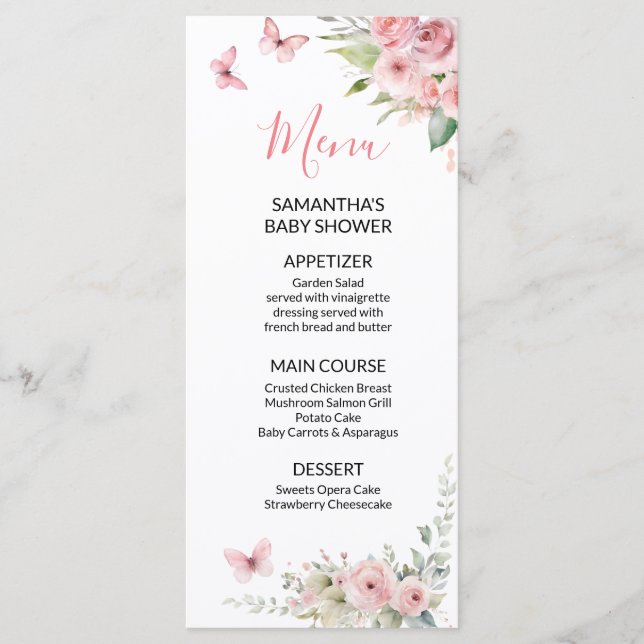 Menu Chá de Bebê de Coelhinho Fofo Menina Floral Rosa (Frente)