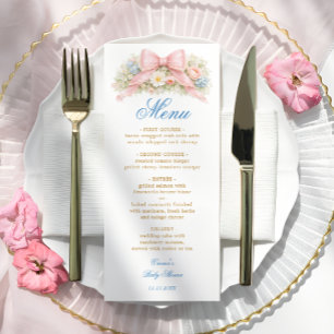 Menu Chá de Bebê Floral Coquete Elegante com Laço Rosa