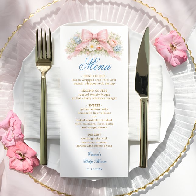 Menu Chá de Bebê Floral Coquete Elegante com Laço Rosa (Criador carregado)