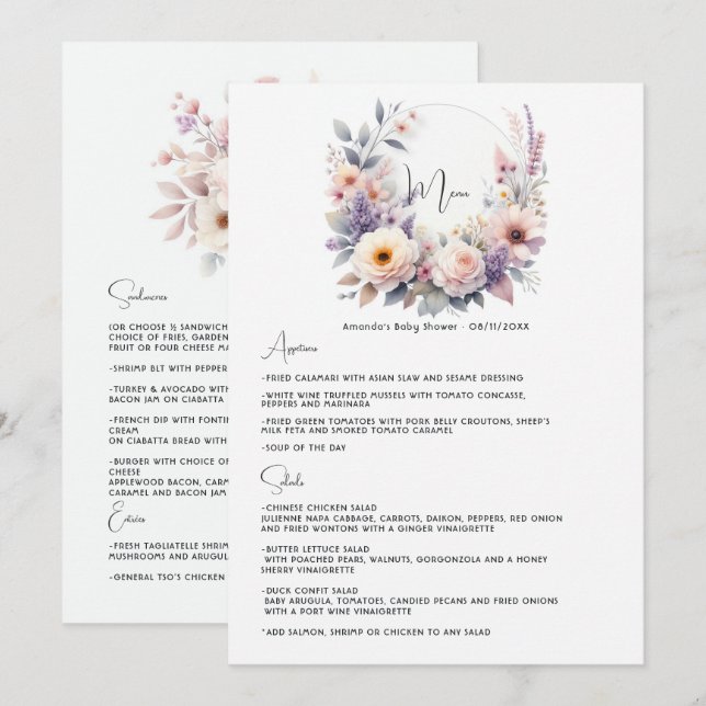 Menu Chá de Bebê Florido Elegante Baby in Bloom (Frente/Verso)