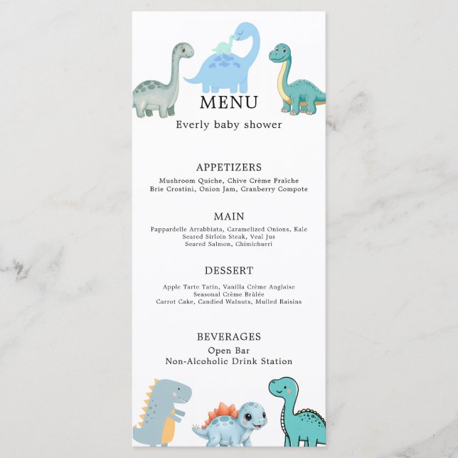Menu Chá de Bebê Fofo Pequeno Dinossauro (Frente)