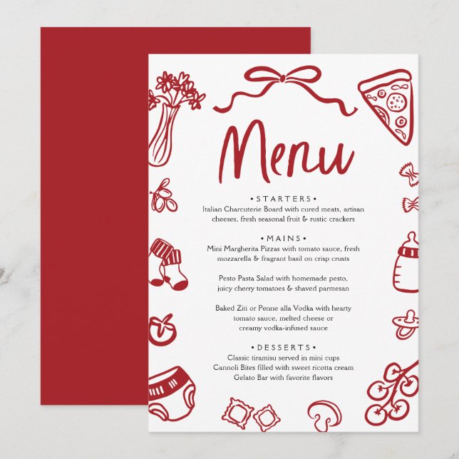 Menu Chá de Bebê Macarrão Pizza Desenhada à Mão Vermelh (Frente/Verso)