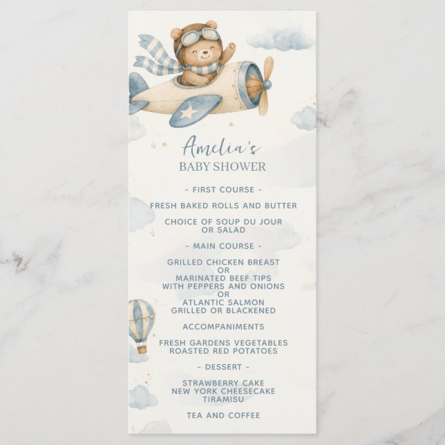 Menu Chá de Bebê Urso Teddy Avião Antigo (Frente)