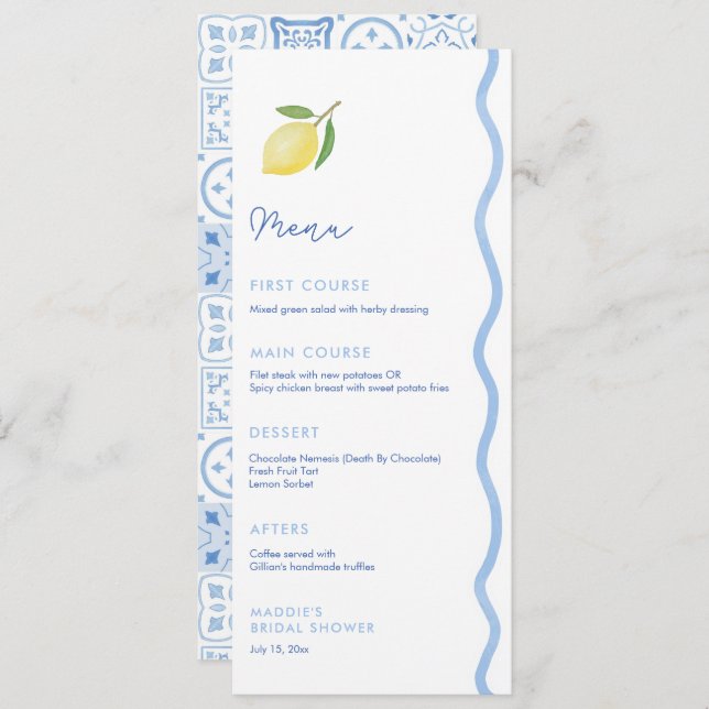 Menu Chá de casamento Trendy Light Blue Wavy Edge Lemon (Frente/Verso)