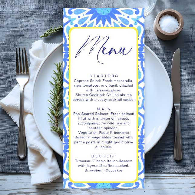 Menu Chá de fraldas Amarelo-Azulejo azul italiano mínim (Criador carregado)