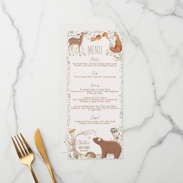 Menu Chá de fraldas Amigos da Floresta de Animais  (Frente/Verso In Situ)