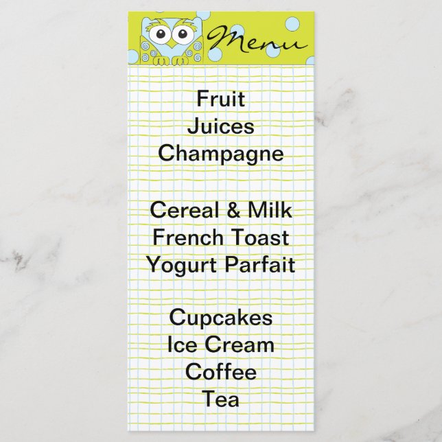 Menu chá de fraldas "Coruja Azul" (Frente)