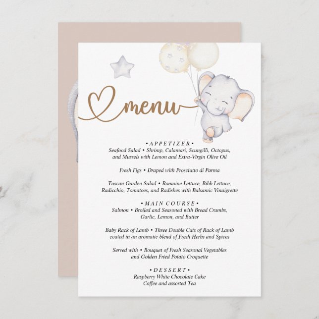 Menu Chá de fraldas de Elefante para Bebê (Frente/Verso)