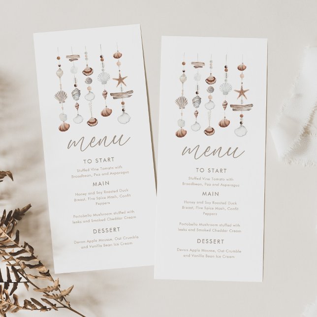 Menu Chá de fraldas do Boho Beach Shell (Zazzle Boho Beach Shell Baby Shower Menu)