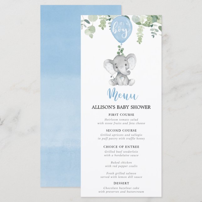 Menu chá de fraldas do elefante azul e dos balões (Frente/Verso)