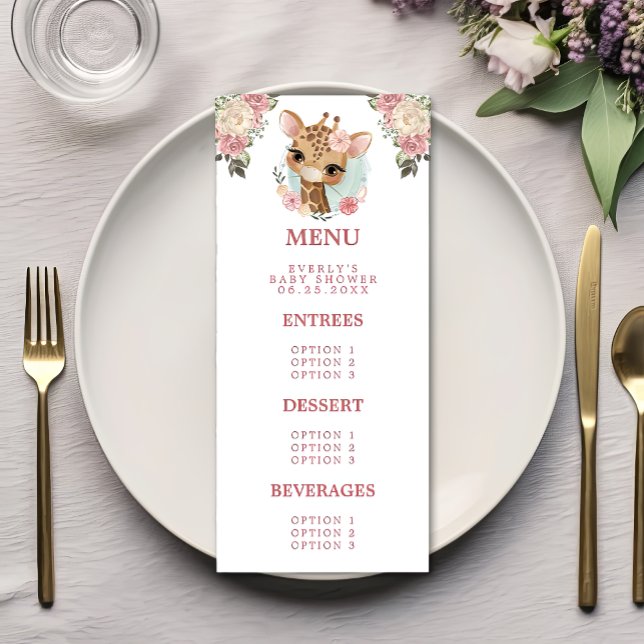 Menu Chá de fraldas Floral Girafa de Aquarela (Criador carregado)