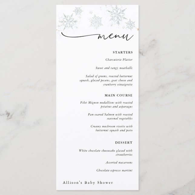 Menu Chá de fraldas Silver Snowflakes (Frente)