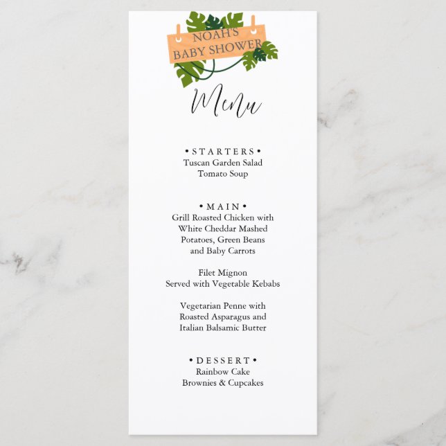 Menu Chá de fraldas verde animal Safari (Frente)