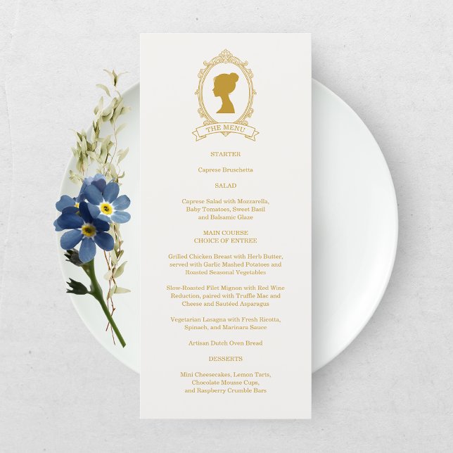 Menu Chá de Noiva Sofisticado da Era Regência em Azul e (Criador carregado)
