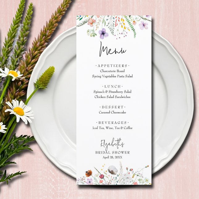 Menu Chá de panela de flores silvestres (Wildflowers bridal shower menu cards)