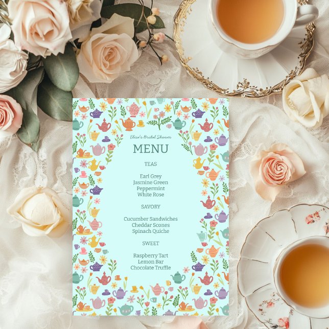 Menu Chá de panela de Tea Party Cólito Causado (Tea Party Bridal Shower Cute Colorful CUSTOM Menu
)