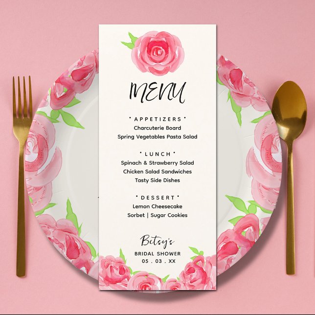 Menu Chá de panela Derby Das Flores De Aquarela Chic (Chic watercolor roses floral Derby-themed bridal shower menus (plates sold separately))