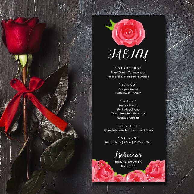 Menu Chá de panela Derby Rosas vermelhas de Aquarela (Watercolor red roses Derby-theme bridal shower menus)