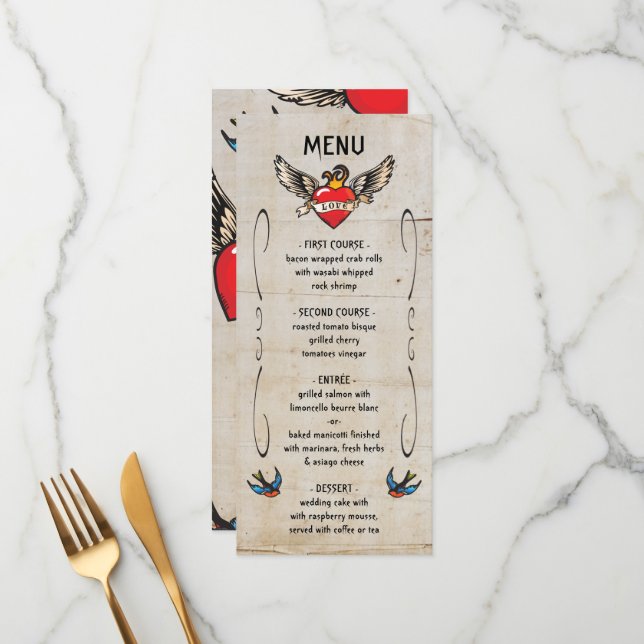 Menu Chamadas de Casamento de Tatuagem de Coração Alada (Frente/Verso In Situ)