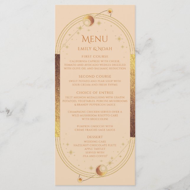 Menu Champanhe Celestial Dourado Sun Moon Stars Casamen (Frente)