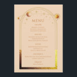 Menu Champanhe Místico Dourado Sun Moon Stars Casamento<br><div class="desc">Celestial CHampagne Dourada Sun Moon Stars Astronomy Galaxy Mystical Cosmic Space Menu Cards apresenta um ouro sol, lua e estrelas em um fundo de champanhe com seus detalhes cardápios no centro do moderno roteiro de caligrafia dourada. Personalize editando o texto nas caixas de texto fornecidas. Projetado por ©2024 Evco Studio...</div>