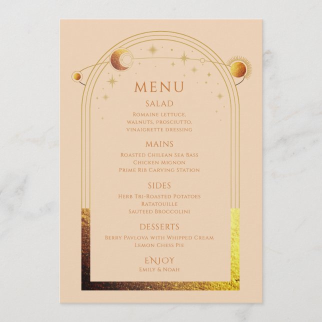 Menu Champanhe Místico Dourado Sun Moon Stars Casamento (Frente)