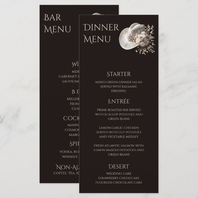 Menu Chapéu branco de vaqueira com casamento de flores (Frente/Verso)