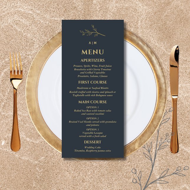 Menu Charcoal Monogram Botanical Minimalist Wedding (Criador carregado)