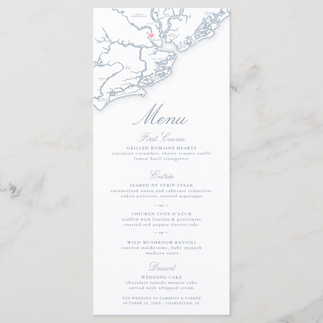 Menu Charleston SC Map Elegante Dusty Blue Weding (Frente)