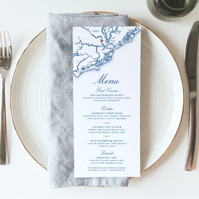 Menu Charleston SC Mapa Elegante Marinho Casamento Azul (Charleston South Carolina Wedding Menu in elegant navy blue from Coastal Map Designs)