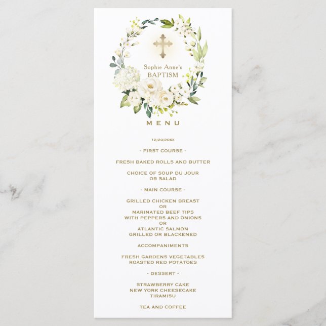 Menu Charm Watercolor White Flowers Wreath Baptism (Frente)