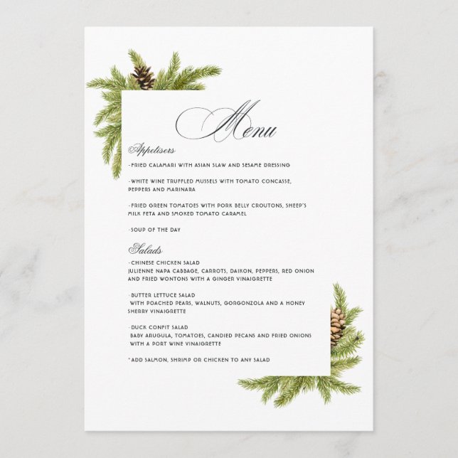 Menu Charme de Natal Elegante de Pinheiros de Inverno (Frente)