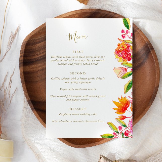 Menu Chic Casamento Floral em Rosa e Laranja em Script  (Criador carregado)