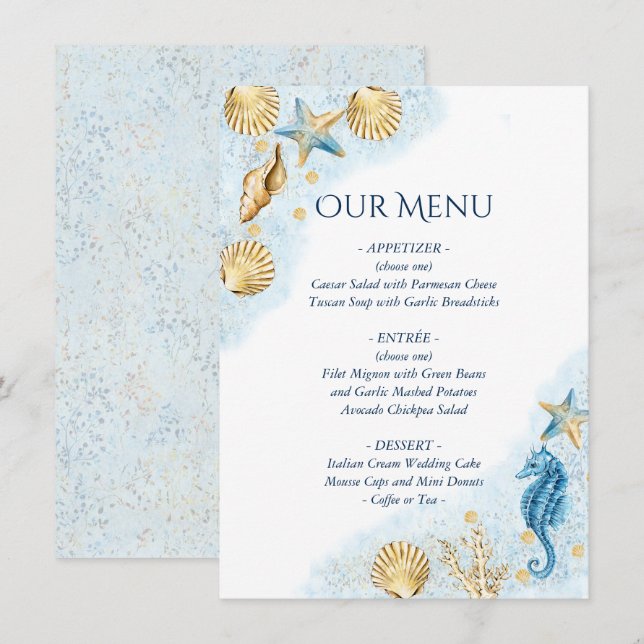 Menu Chic costal | Casamento de Recife de Coral Moderno (Frente/Verso)