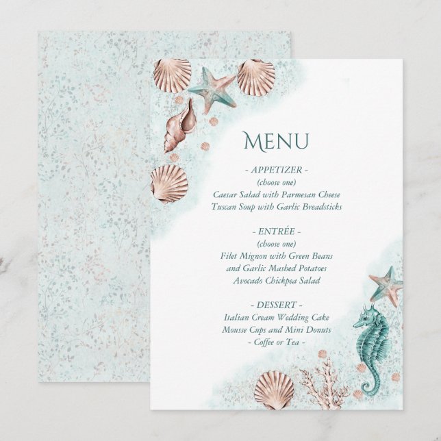 Menu Chic costal | Teal Green and Coral Reef Party (Frente/Verso)