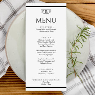 Menu Chic Monograma Preto e Branco Simples Jantar Casam