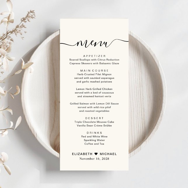 Menu Chic Script Creme Recepção de Casamento (Criador carregado)
