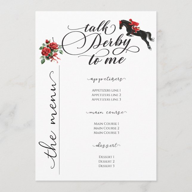 Menu Chic Talk Derby Me Race Horse Party Equestrian (Frente)
