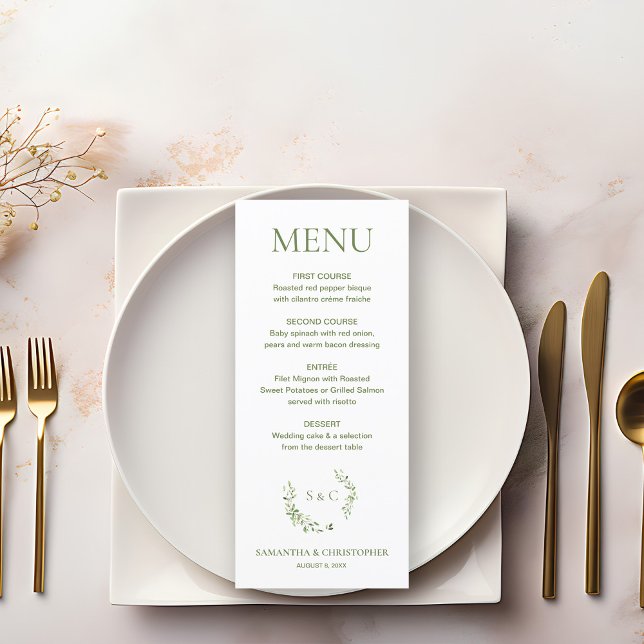 Menu Chic Watercolor Wreath Monograma, crista de casame (Green watercolor leaves wreath wedding menu.)