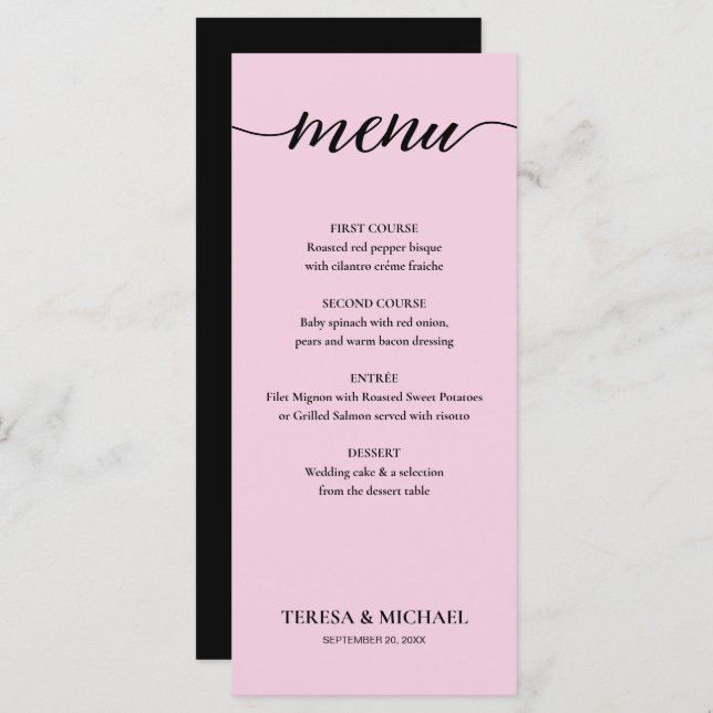Menu Chic Weding Pink Preto e Branco Simples Editável (Frente/Verso)