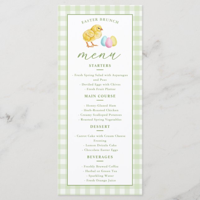 Menu Chick And Pastel Eggs Green Gingham Easter Brunch (Frente)