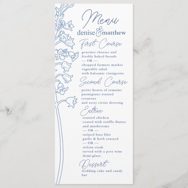 Menu Chinoiserie Blue Elegante Pagoda e Floral Toile (Frente)