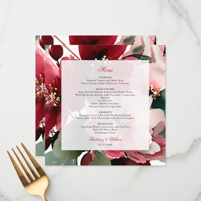 Menu  Christmas Themed Red Floral Wedding  (Frente/Verso In Situ)