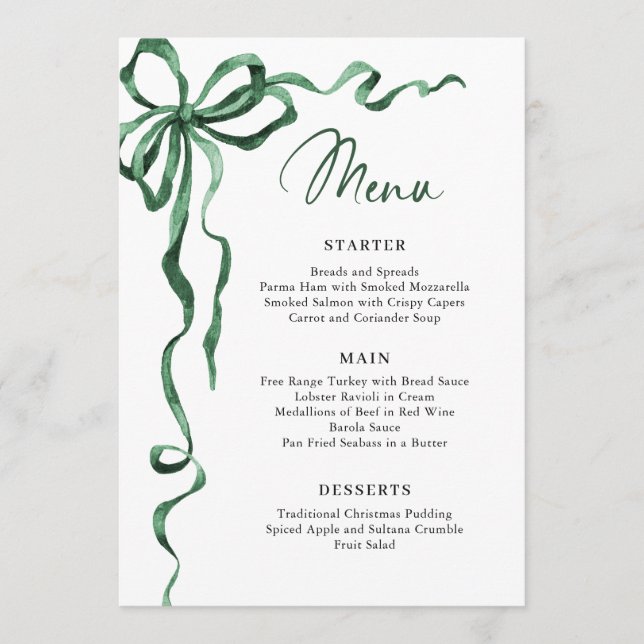 Menu Christmas Whimsical Funky Green Bow Dinner Party (Frente)