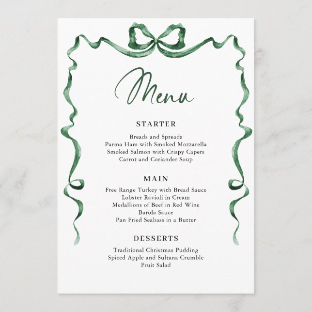 Menu Christmas Whimsical Funky Green Bow Dinner Party (Frente)