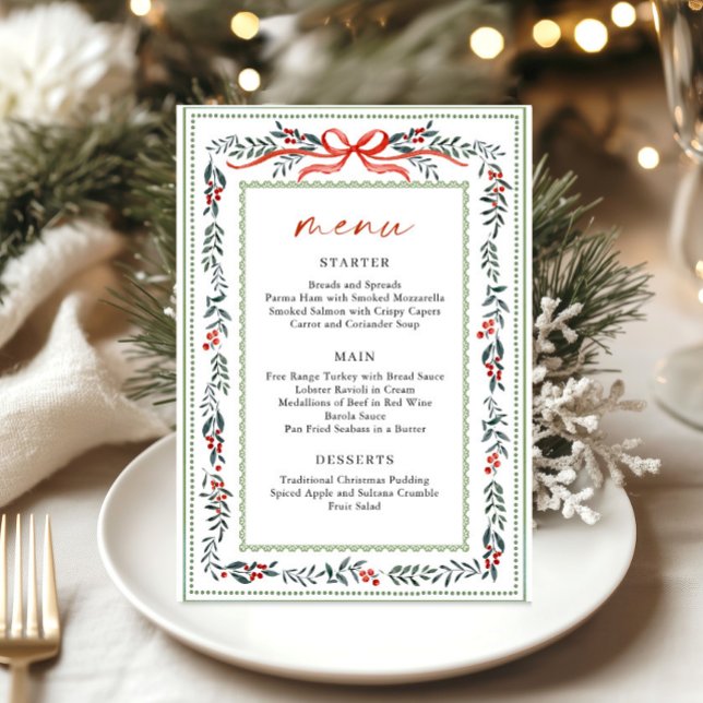 Menu Christmas Whimsical Red Bow Wreath Dinner Party (Criador carregado)