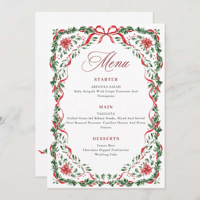Menu Christmas Whimsical Red Bow Wreath Dinner Party (Frente/Verso)