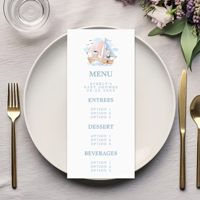 Menu Chuva de Bebê Elefante Marítimo Urso Aquarela Barc (Criador carregado)