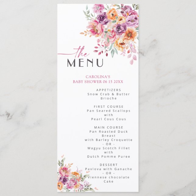 Menu Chuva de Bebê Jardim Floral Aquarela Rosa Corado (Frente)