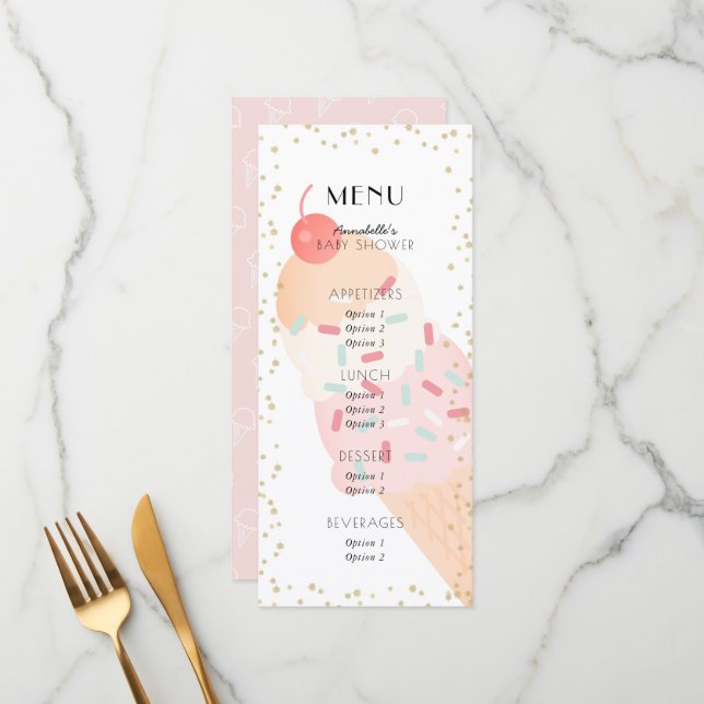 Menu Chuva de Bebê Menina Sorvete Cereja Rosa (Frente/Verso In Situ)